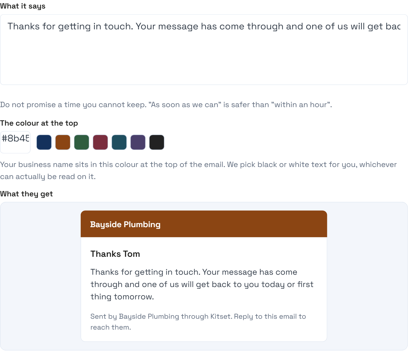 The automatic reply settings: a box for what it says, a colour picker with seven preset swatches, and a preview of the email showing the business name in a brown bar above the message.