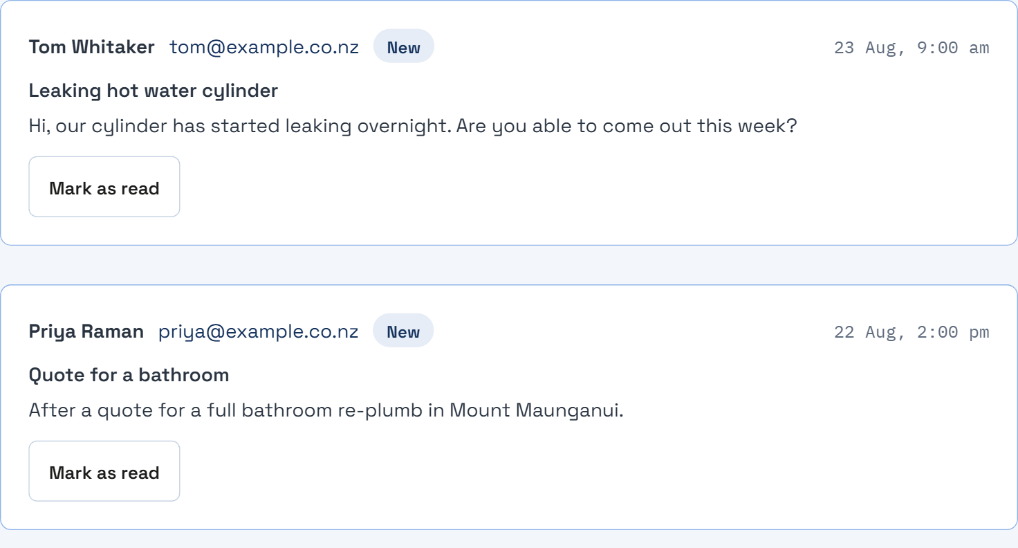 Two enquiries in the dashboard, each showing the sender name, their email address, a New badge, the time it arrived and the message.