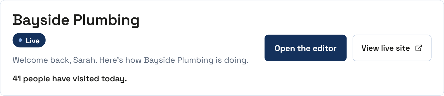 The top of a Kitset dashboard: the site name Bayside Plumbing, a Live badge, and two buttons, Open the editor and View live site.