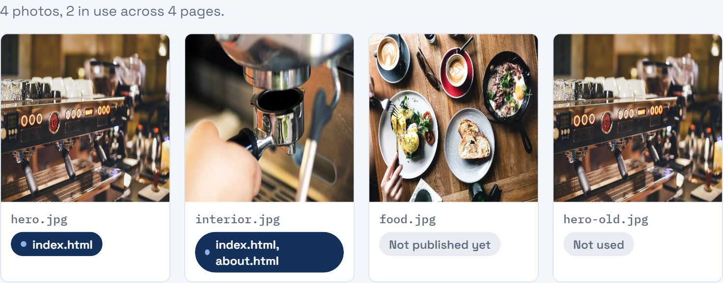 Four photos in a grid. Under each, its filename and a badge: two show which pages they are on, one says Not published yet, one says Not used.