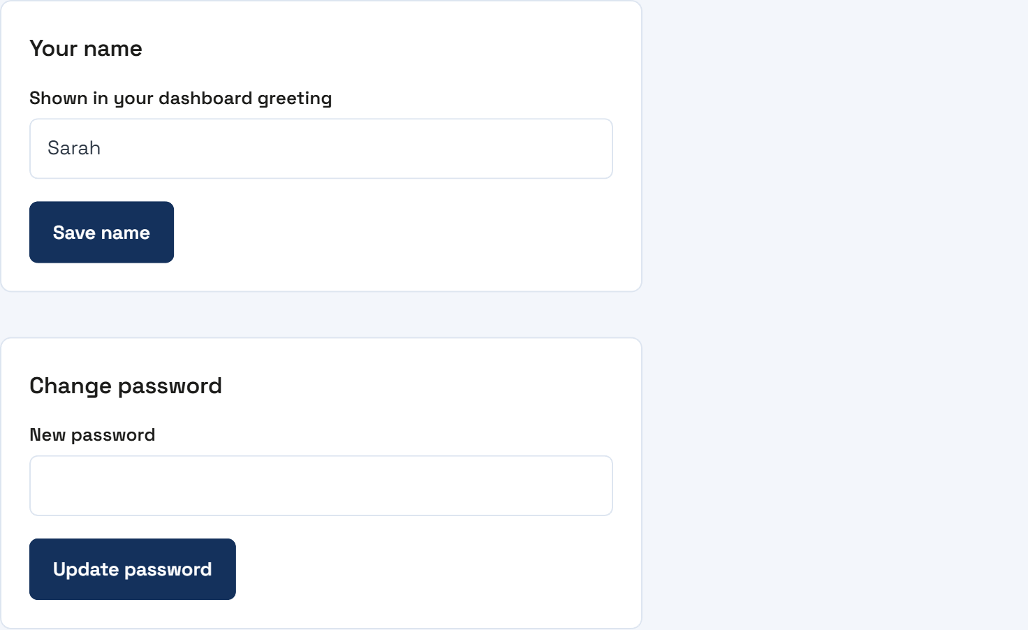 The Settings tab showing a Your name field and a Change password section.