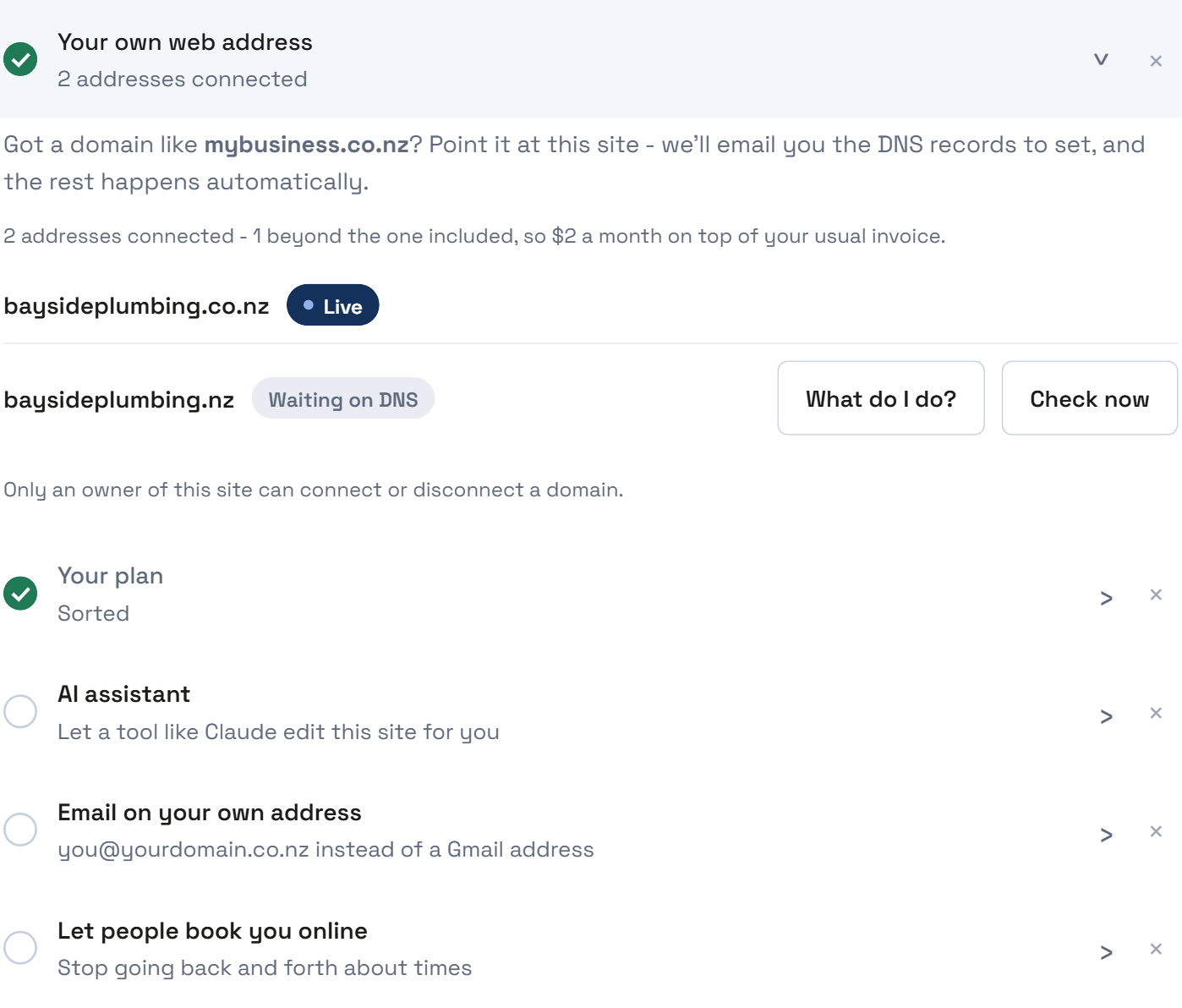 The Set-up checklist in the dashboard, with tasks for a web address, a plan, an AI assistant and email, each with a tick or an empty circle.