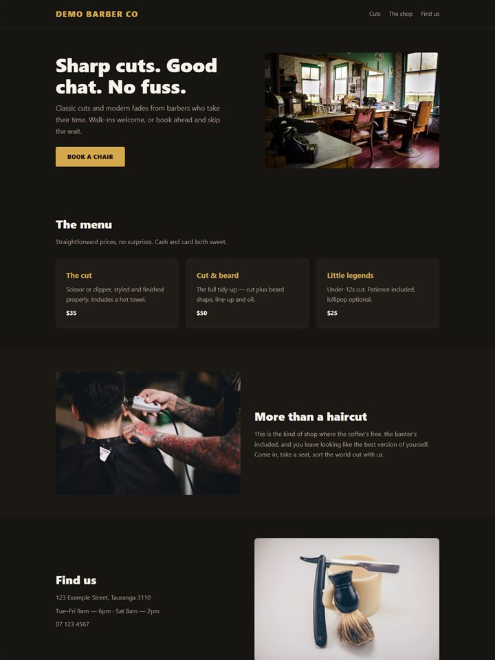The Barber Kit, as a finished website