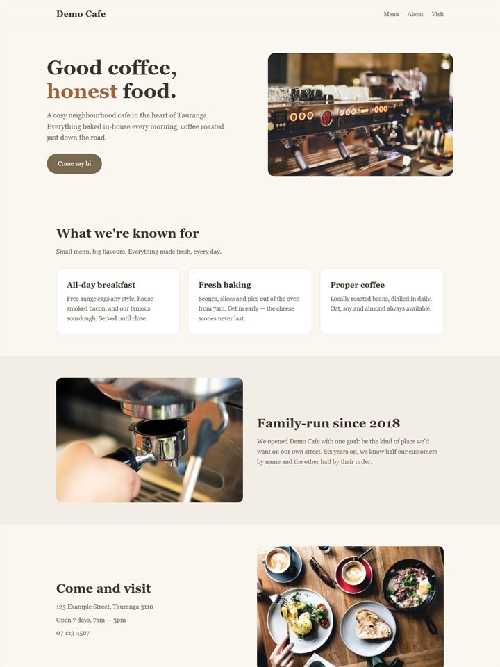 The Café Kit, as a finished website